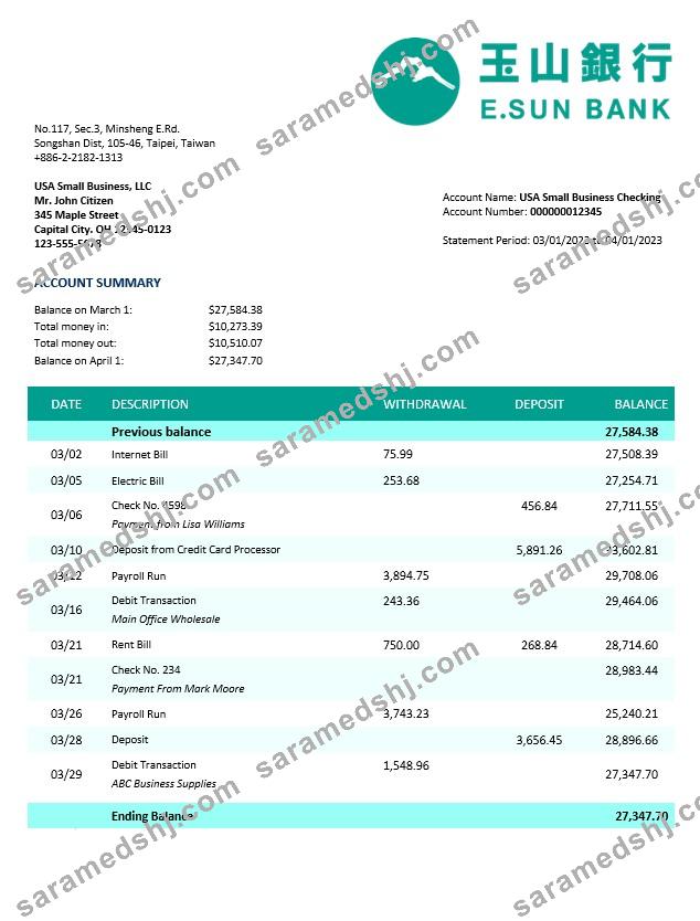 E.SUN Commercial Bank business statement Word and PDF template